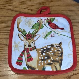 Vintage Holiday Reindeer Pot Holder with Red Trim